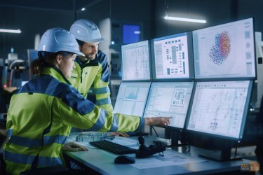 a man and woman wear an engineer outfit and they are inspect something on computer screen